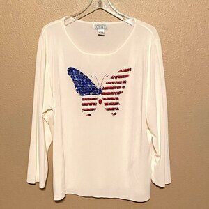 BETHANY Knit White Blouse Red White & Blue Sequin Butterfly Women's Size (L)